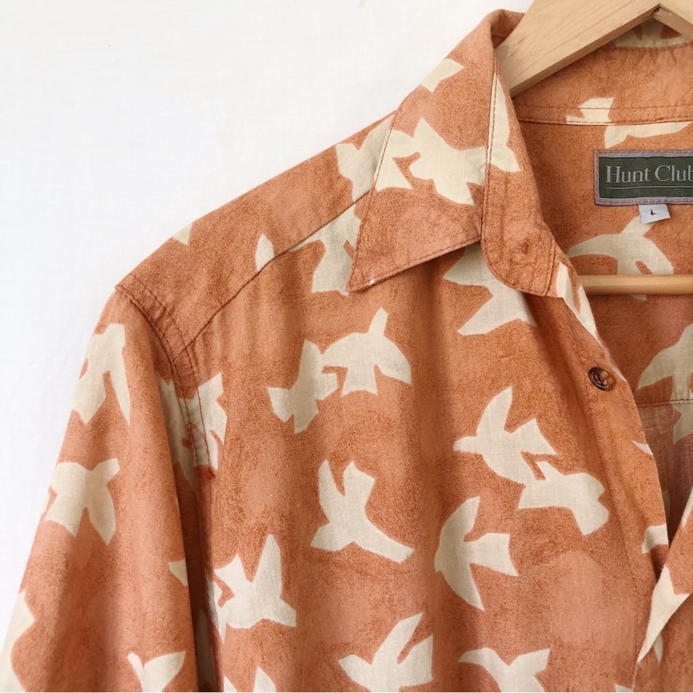 Vintage Mens HUNT CLUB Orange Cream Bird Button Up Cotton Rayon Shirt Size L - Picture 3 of 11